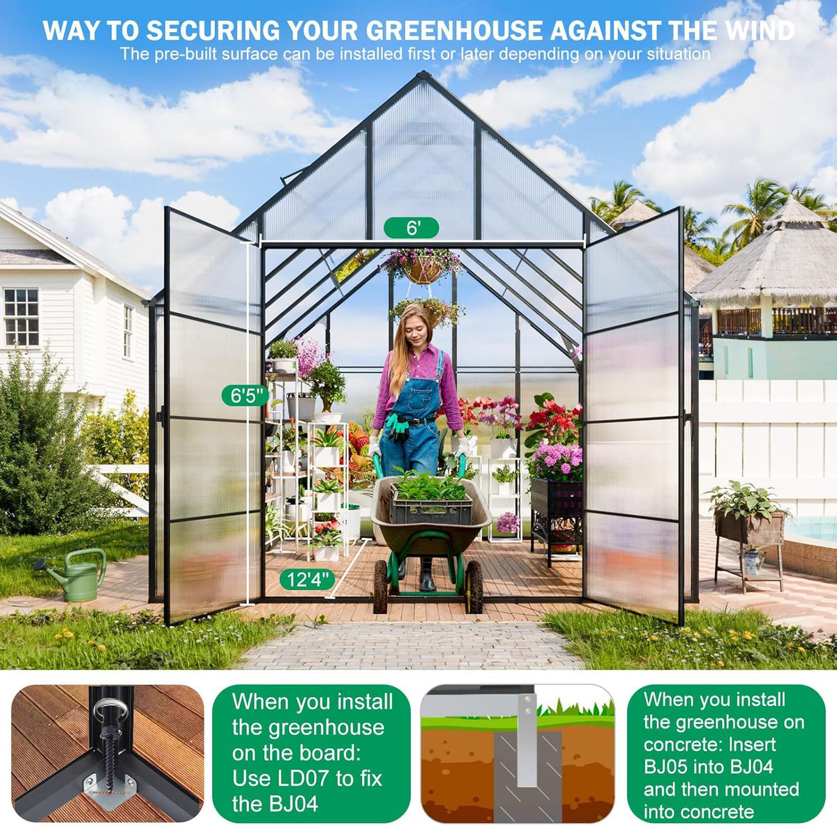 CDCASA 12x10x10 FT Greenhouse for Outdoors, Easy Assembly Large Aluminum Heavy Duty Polycarbonate