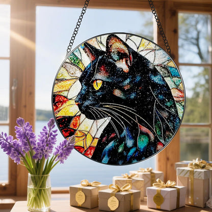 8″ Stained Glass Window Hanging Ornament, Black Cat Stained Glass Suncatcher Ornament, Sun-Catcher