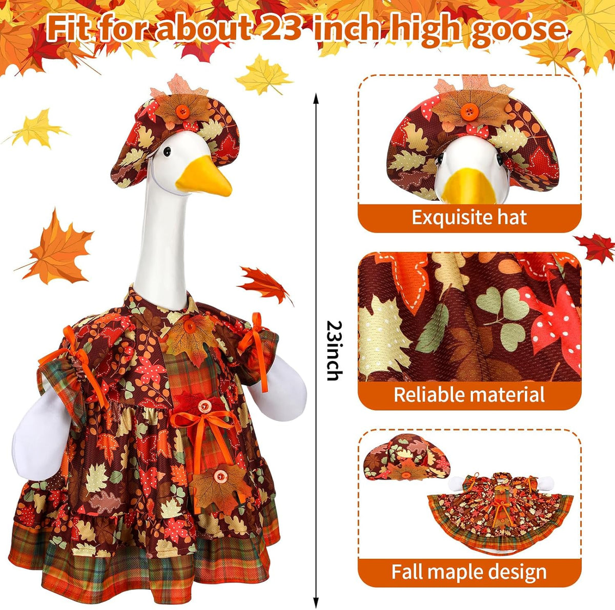 Suzile Autumn Goose Outfit Fall Maple Dresses Clothes for 23" High Cement or Plastic Porch Goose