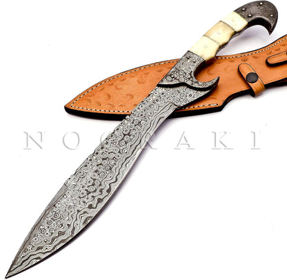 Nooraki MK-2007 Handmade Damascus Steel Fixed Blade Machete/Kukri Knife with Leather Sheath, Full