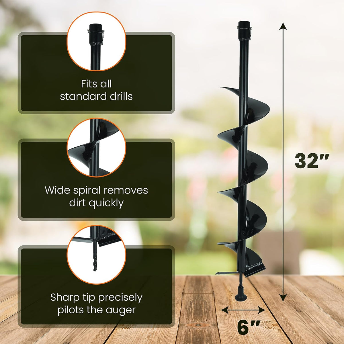 Auger Post Hole Digger 6" Wide 32" Deep - Earth Auger - Trench Digger - Hole Digger for Fence Posts