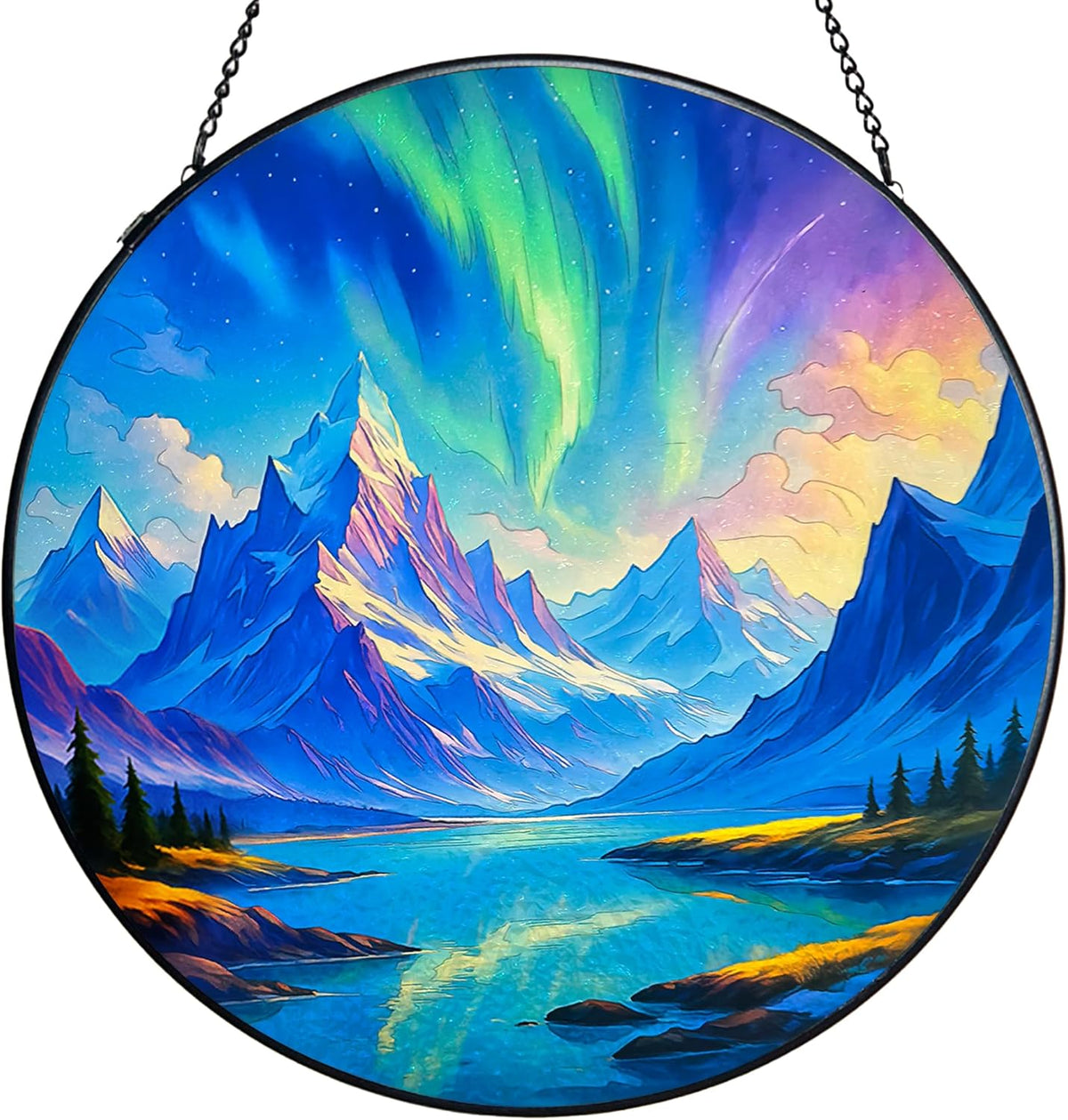 Stained Glass Window Hanging,Winter Aurora Sun Catchers Stained Glass Panels for Indoor Windows