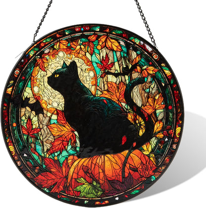 Stained Glass Window Hanging, Halloween Decorations Black Cat Maple Leaf Suncatcher for Doors