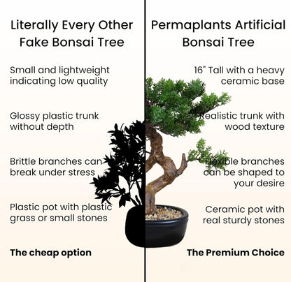 Artificial Bonsai Tree 16" Tall with Realistic Wood and Ceramic Pot Fake Plants Cypress Juniper