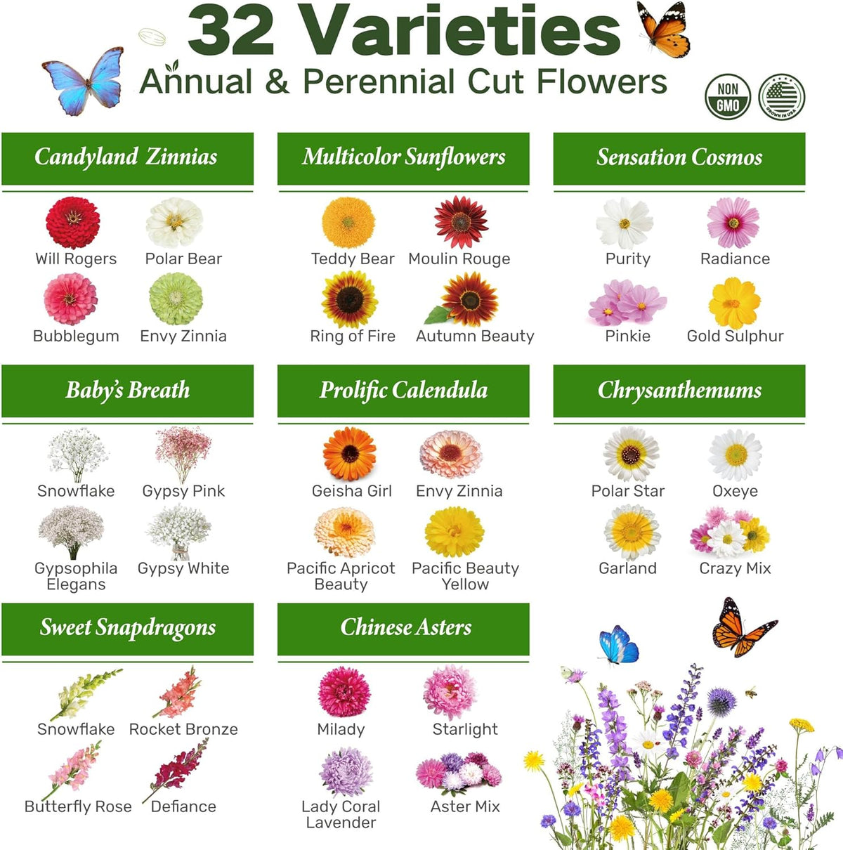 LUSH&DEW Cut Flower Seed Bank, Gift for Women Men, 32 Types Non-GMO Annual & Perennial Wildflower