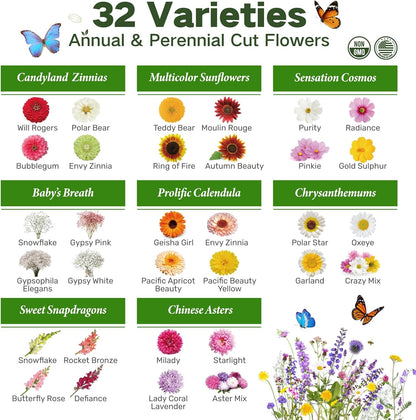 LUSH&DEW Cut Flower Seed Bank, Gift for Women Men, 32 Types Non-GMO Annual & Perennial Wildflower