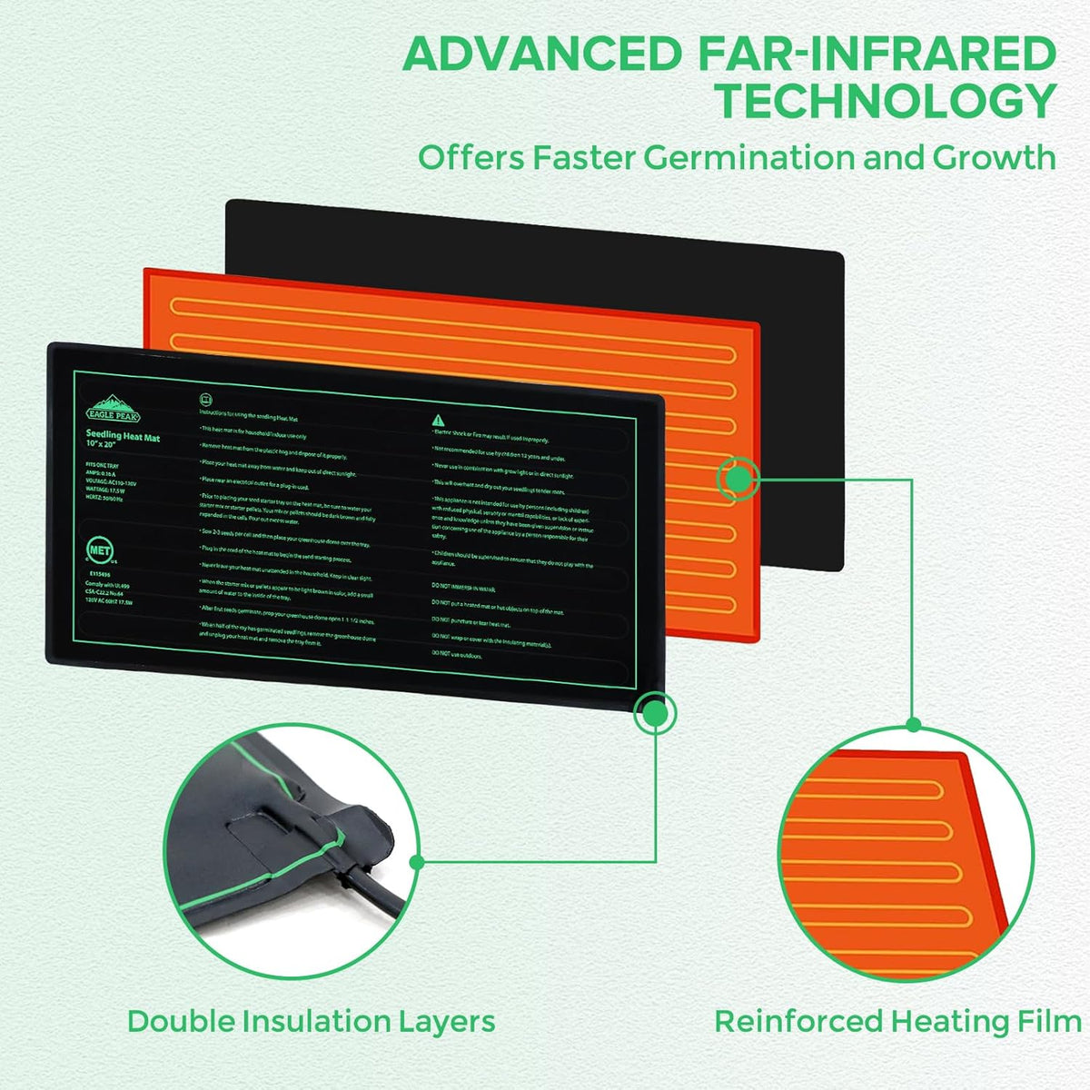 EAGLE PEAK Waterproof Seedling Heat Mat 10" x 20", UL & MET-Certified Heating Pad for Seed