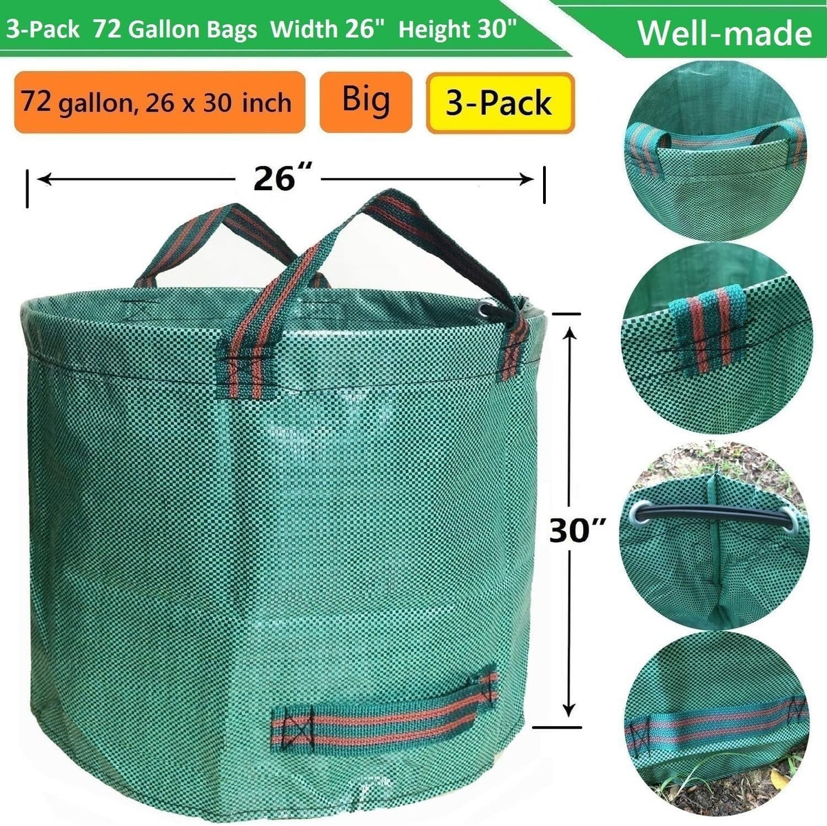 Professional 3-Pack 72 Gallons Yard Lawn Garden Bags (D26, H30 inches) with Coated Garden