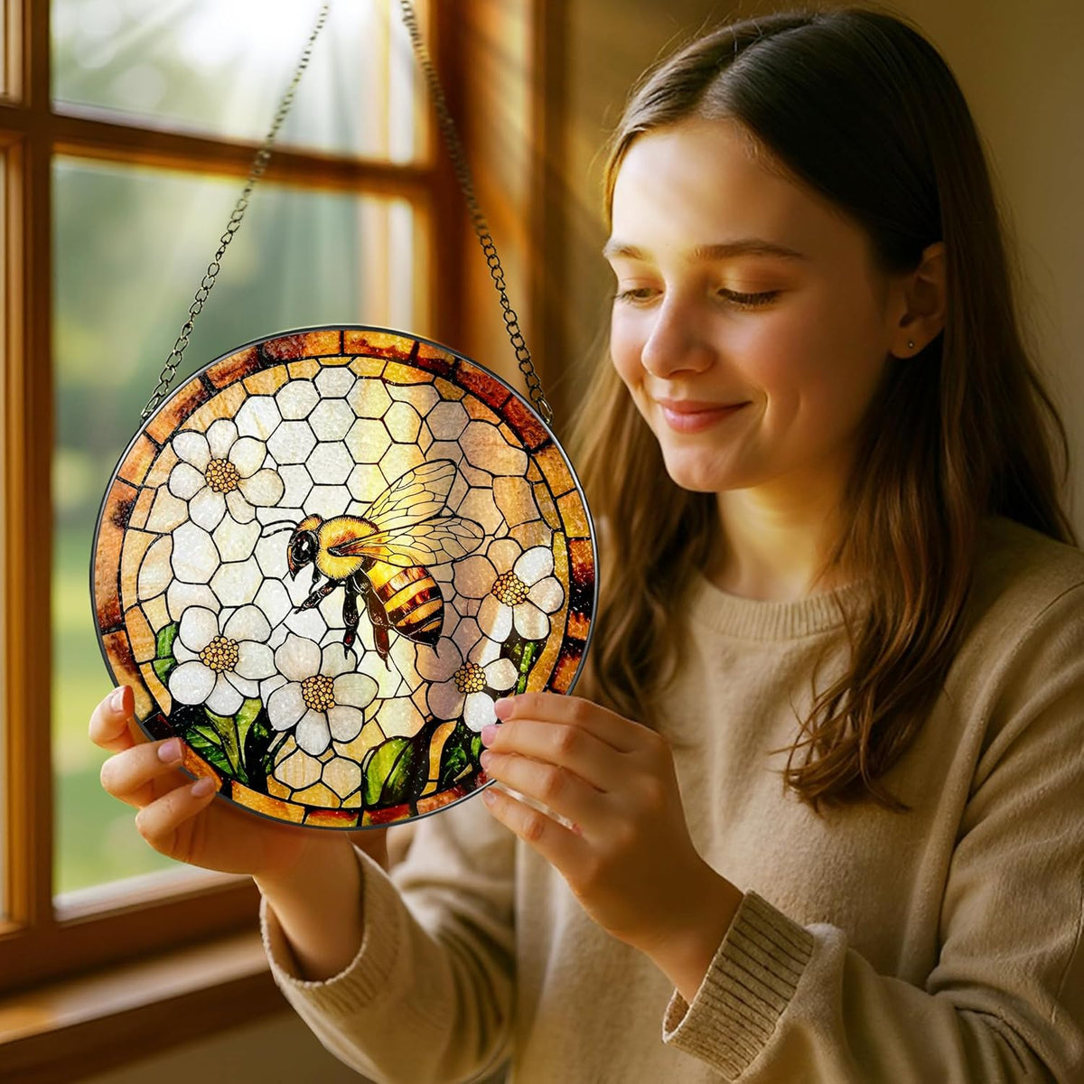 Bee Wildflowers Stained Glass Suncatcher, Stained Glass Window Hanging, 8 Inch Honey Bee