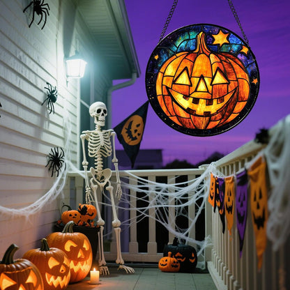 Stained Glass Window Hanging Halloween Horror Golden Pumpkin 11.8" - Suncatcher Door Garden Sunroom