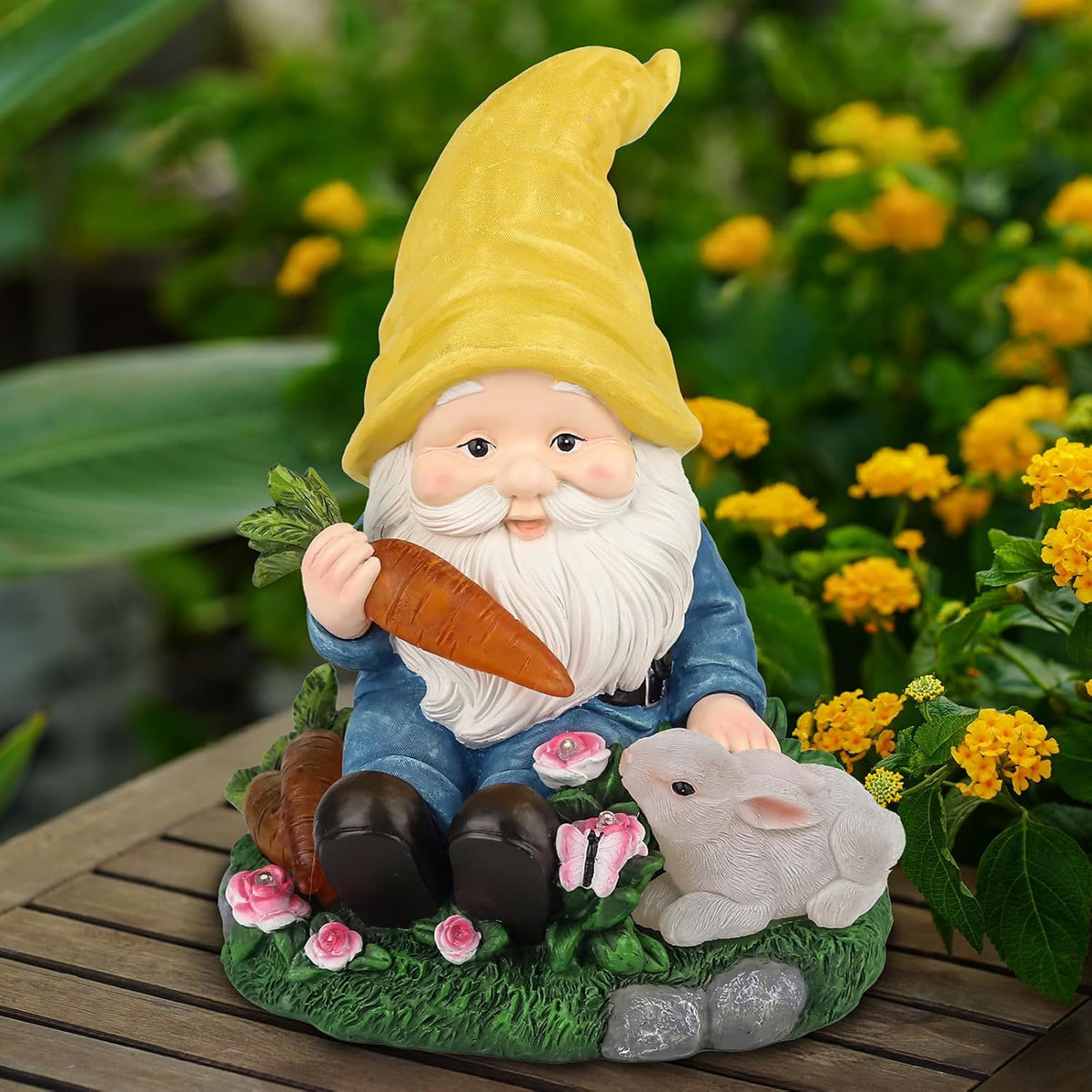 Solar Garden Outdoor Statues Gnome Feeding Rabbit with 6 LED Solar Figurine for