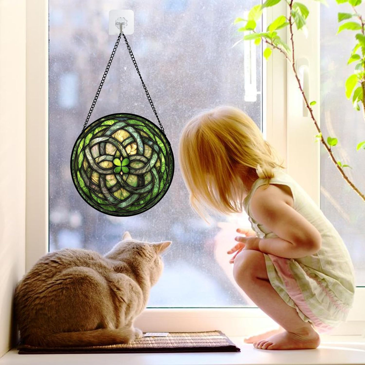 Stained Glass Window Hanging, Abstract Green Clover Sun Catchers Colorful Glass Panel Bless