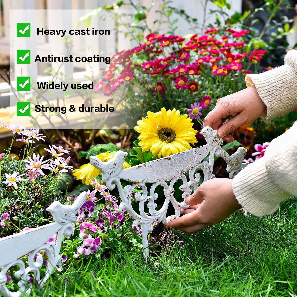 Sungmor Decorative Cast Iron Garden Edging Border, 4 Pack White Landscape Edging Low Picket Fence