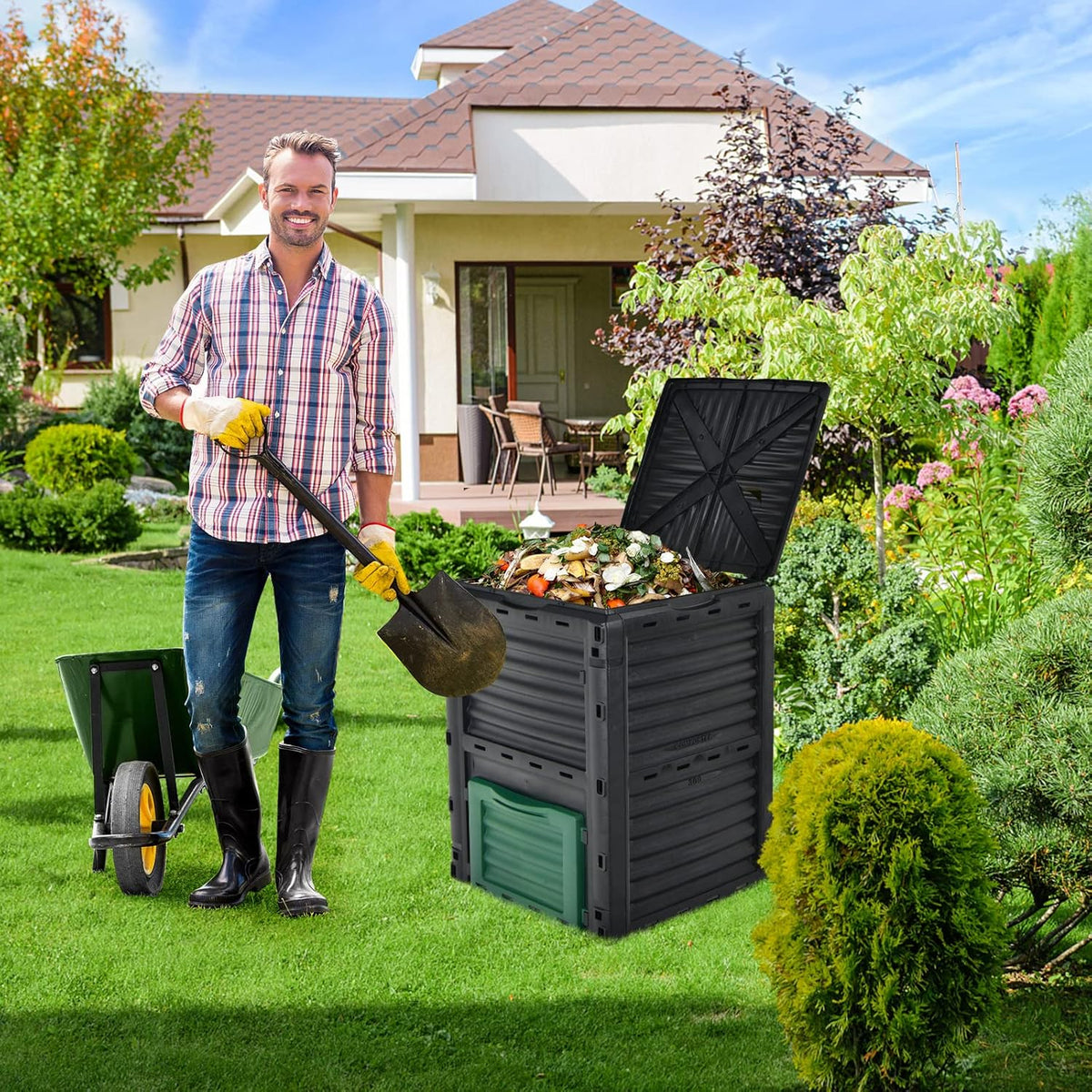 Goplus Compost Bin, 80 Gallon (300 L) Large Outdoor Composting Box w/Top Flip Latch-on Lid, Bottom