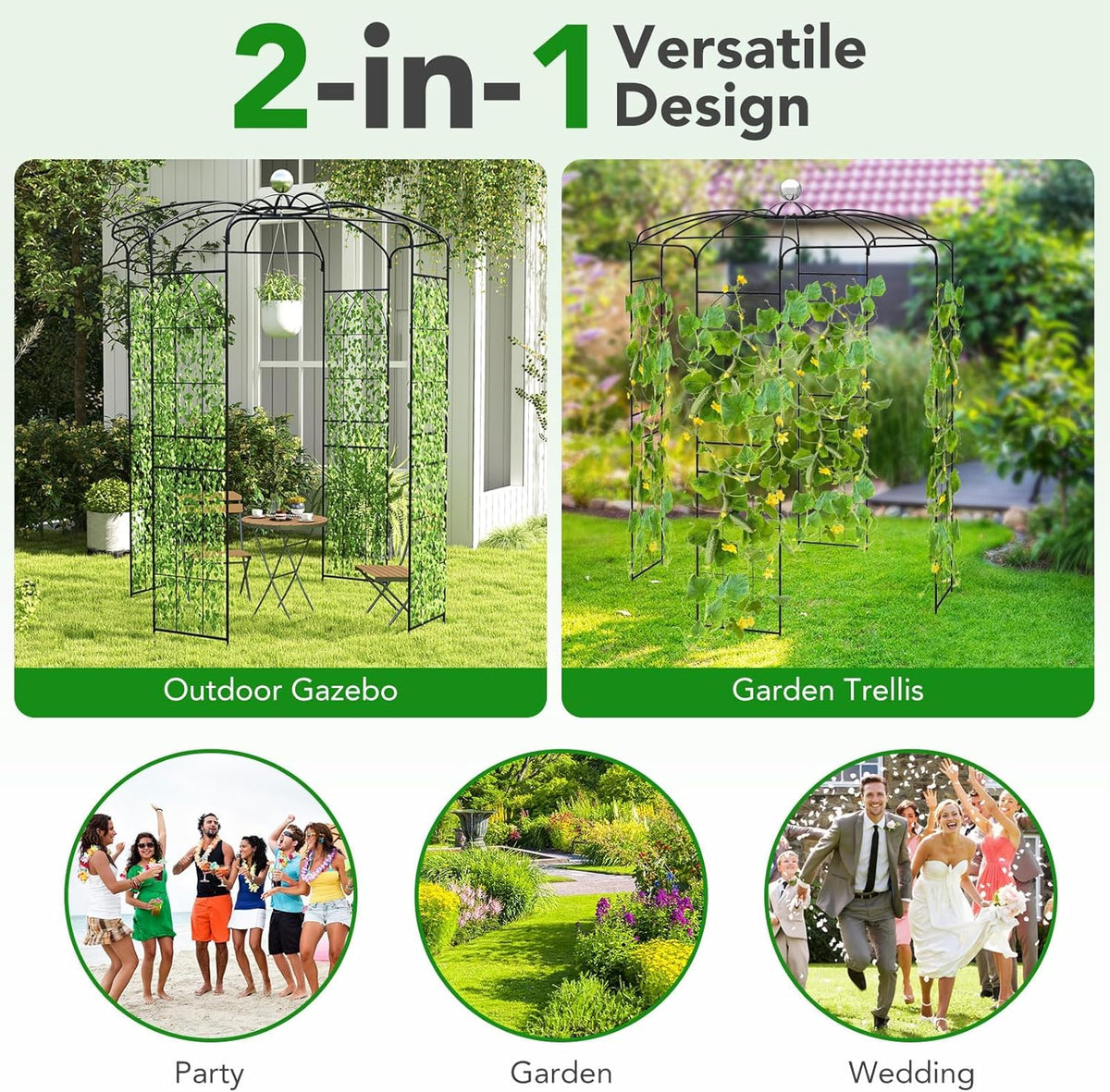 Happygrill Birdcage Shape Garden Arbor, 9.4 x 6.8FT Heavy Duty Gazebo with Hanging Hook for