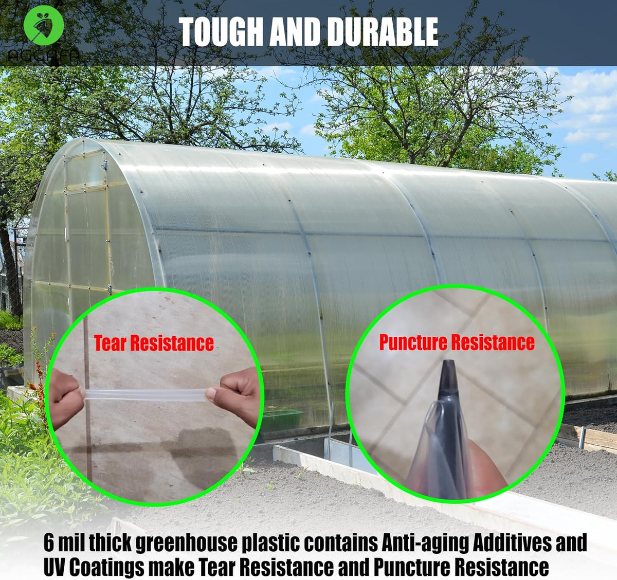 6 mil (10ft x 15ft) 100% Virgin Material. 5Layers Advanced Extrusion Technology for UV Protection