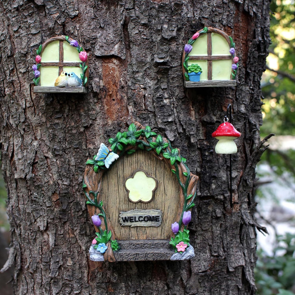 Fairy Door and Windows Garden Kit Accessories Outdoor, Glow in Dark Gnome House for Tree, Lawn Yard