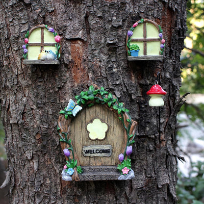 Fairy Door and Windows Garden Kit Accessories Outdoor, Glow in Dark Gnome House for Tree, Lawn Yard