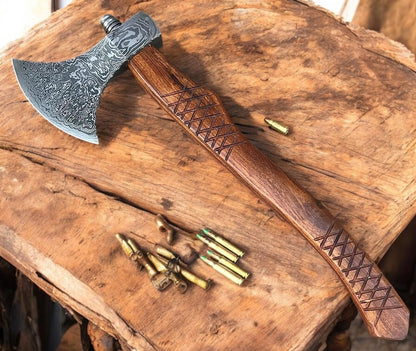 AX-7000 Custom Gift Forged Damascus Steel Vintage Axe with Rose Wood Shaft, Viking Bearded Camping