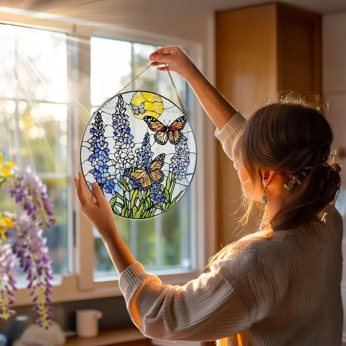 Stained Glass Window Hanging, 8 Inch Lavender & Butterfly Sun Catcher Decor, Stained Glass