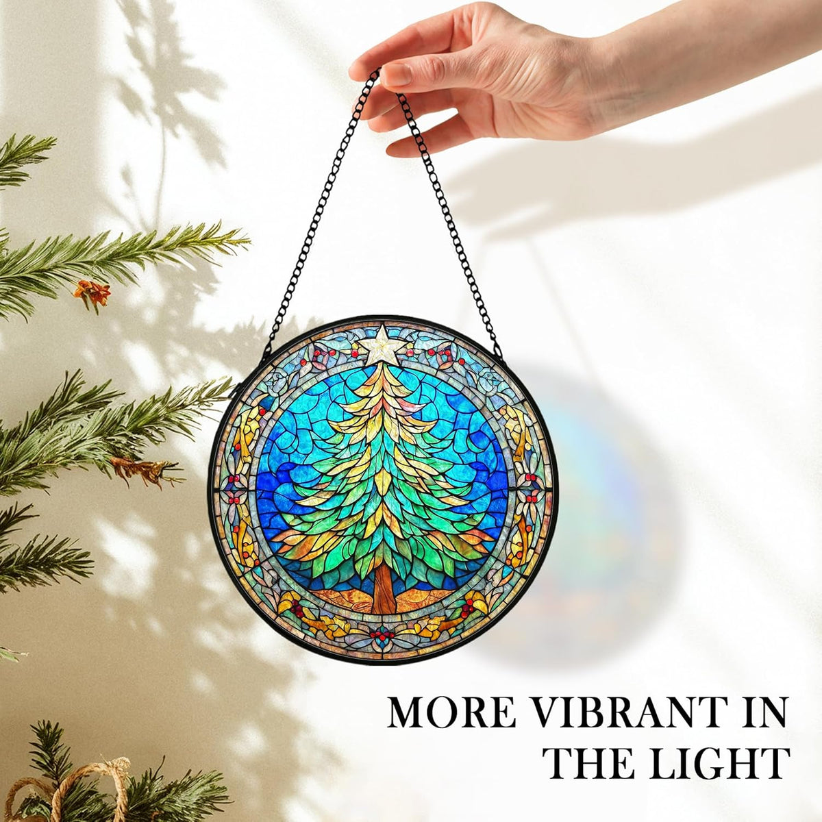 Christmas Tree Suncatcher Stained Glass Window Hanging Decor, Winter Xmas Tree Stained Glass Wall