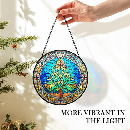 Christmas Tree Suncatcher Stained Glass Window Hanging Decor, Winter Xmas Tree Stained Glass Wall