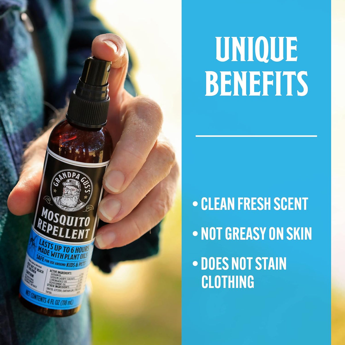 Grandpa Gus's Natural Mosquito Repellent Spray, Time-Release Plant-Based Actives, Non-Greasy, No