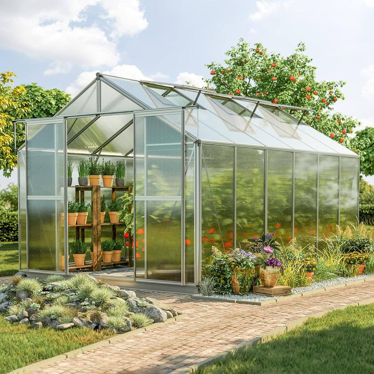 Greenhouse Topas 6 Aluminum Frame 7.4 x 12.6 ft Approx. 6 mm Polycarbonate Panels - with Bonus Base