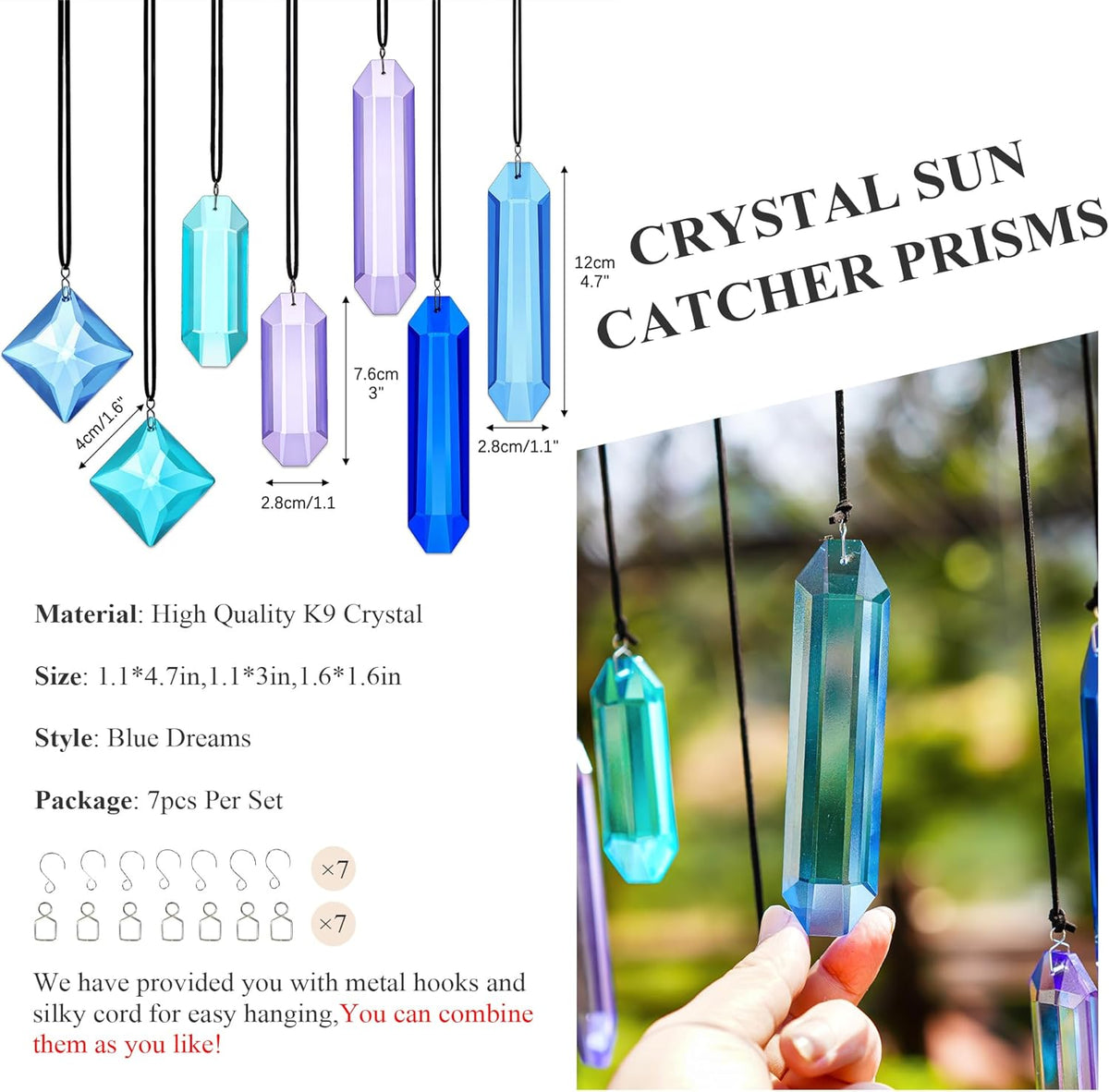 HDCRYSTALGIFTS Crystal Prisms Sun Catchers Hanging, 7PCS Blue Dreams Suncatcher Rainbow Maker Sun