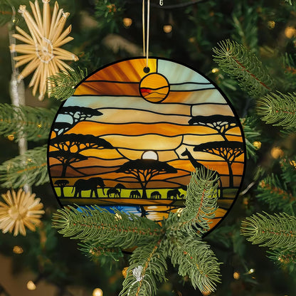 Acrylic Stained Glass Suncatcher Ornament – African Safari Sunset with Giraffes Elephants Trees – 4