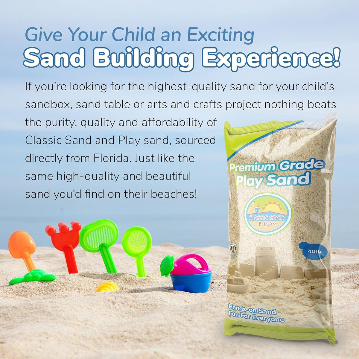 Classic Sand and Play Sand for Sandbox, Table, Therapy, and Outdoor Use, 40 lb. Bag, Natural
