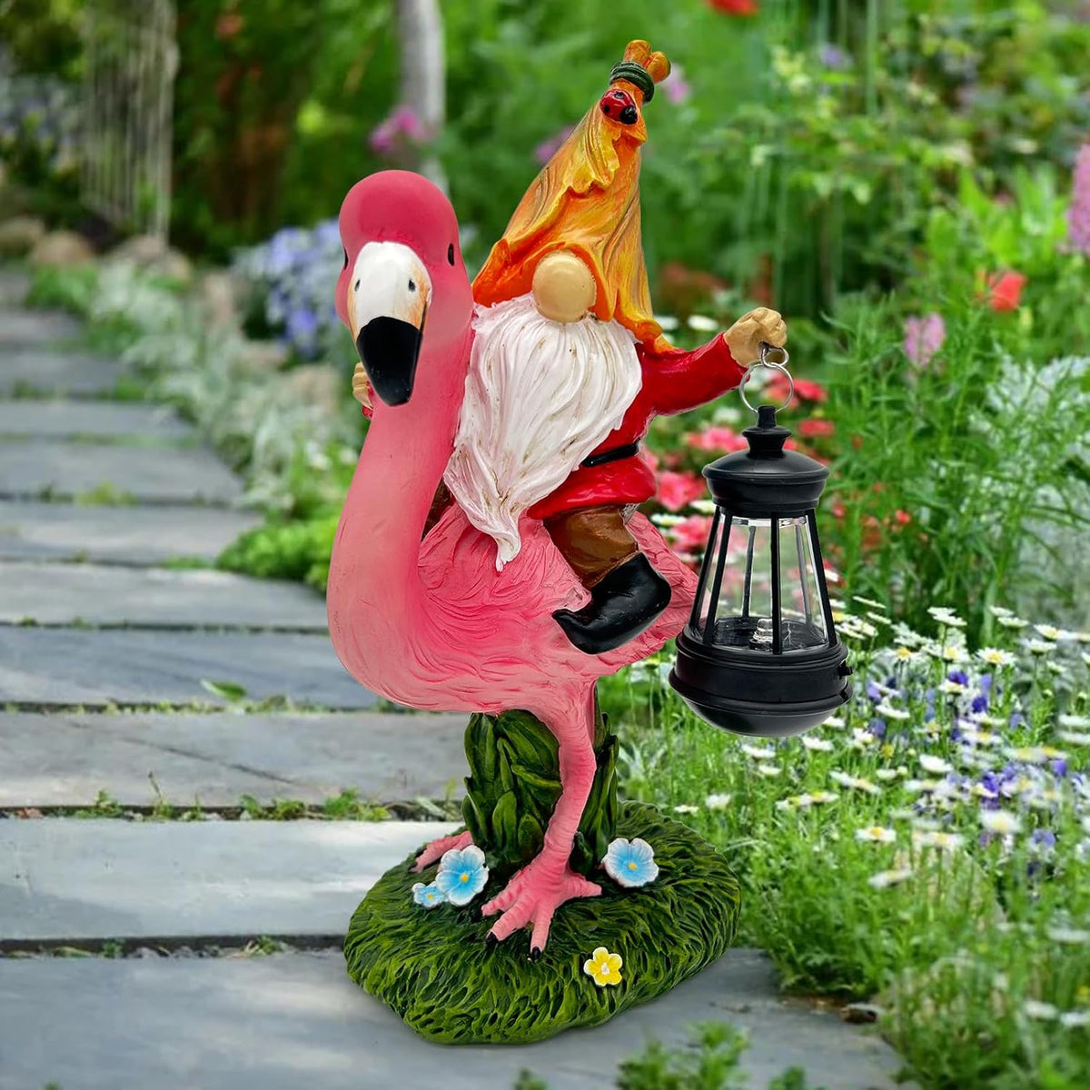 Gnomes Flamingo with Solar Lantern, Whimsical Decor for Garden, Yard, Patio, Lawn, LED Lights