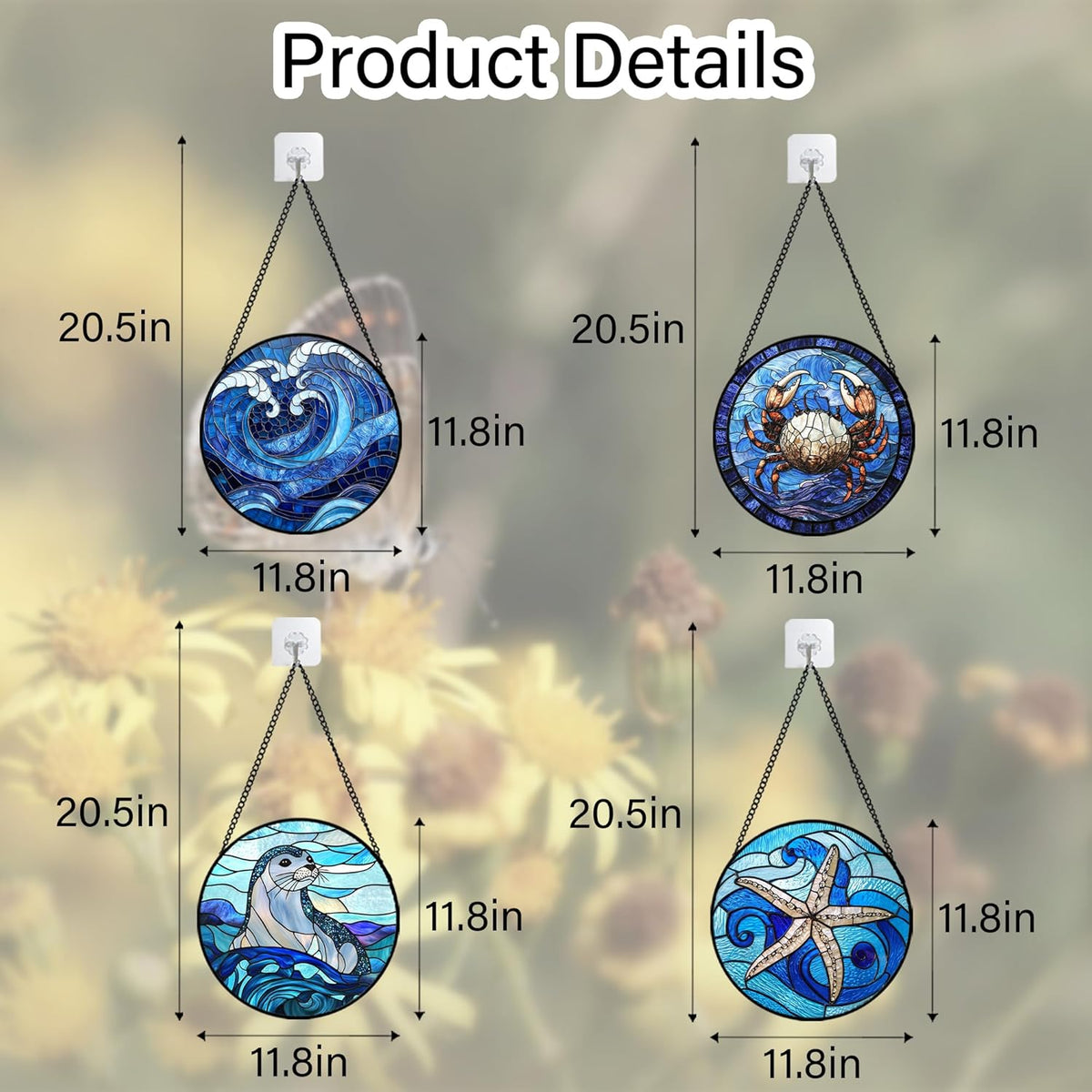 Stained Glass Window Hanging 4 Pcs Set Blue Ocean Waves Large 11.8" - Starfish Crab Seal Suncatcher