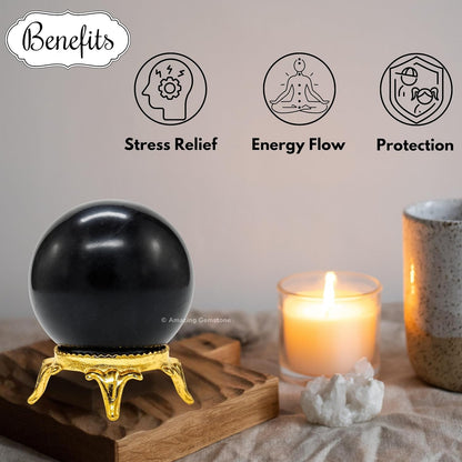 Amazing Gemstone Shungite Crystal Ball with Stand - 2 Inches Crystal Sphere Meditation Balls for