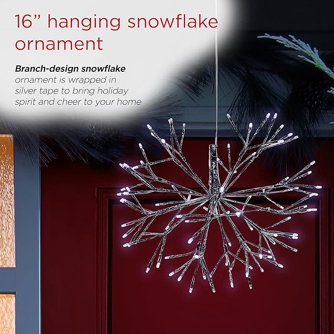 Alpine Corporation 16"H Indoor Holiday 3D Snowflake Hanging Ornament with LED Lights, White