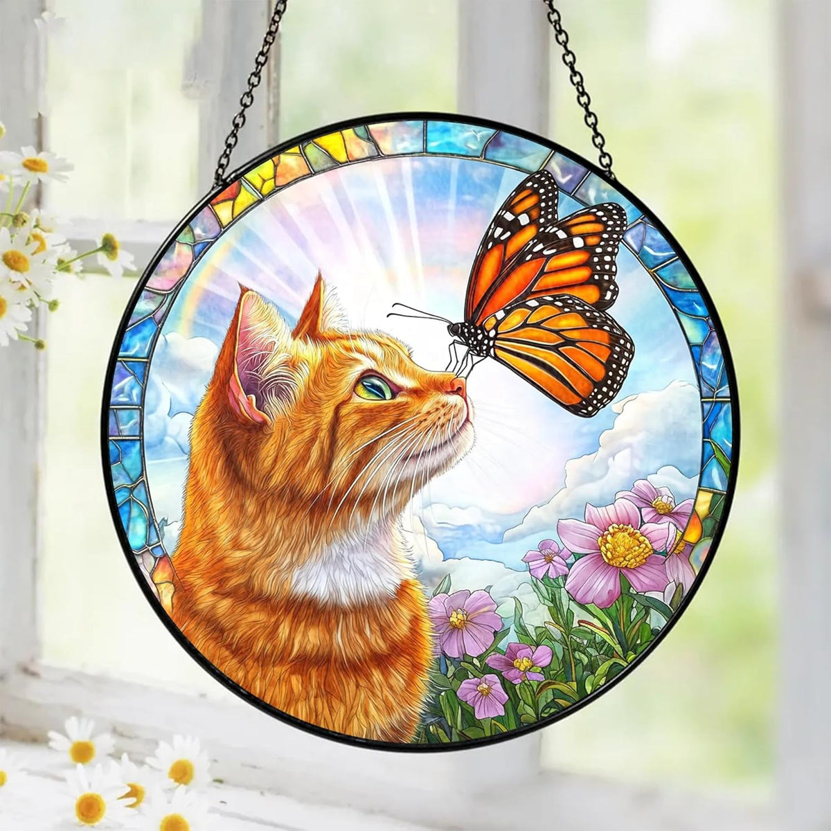 Orange Cat Gifts, Cat Memorial Suncatcher Gift for Loss of Cats, Butterfly Stained Glass Suncatcher
