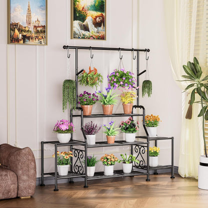 GIOTORENT 3-Tier Tall Metal Plant Stand Indoor Outdoor - Heavy Duty Plant Shelf for Garden, Patio