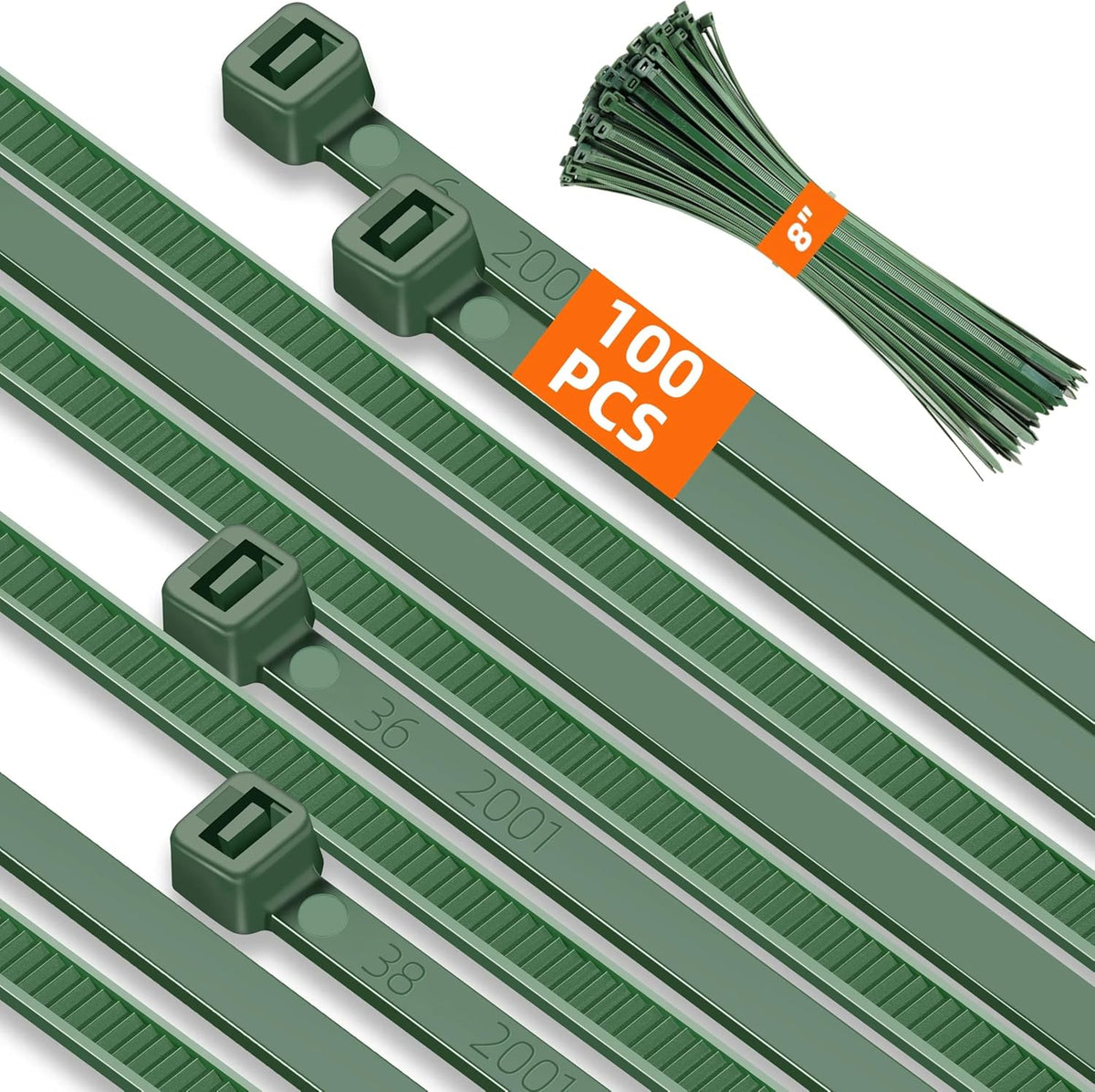 8 Inch PA66 Green Zip Ties, 100 Pcs 3.6mm Heavy Duty Plastic Wire Ties with 45 Lbs, Premium