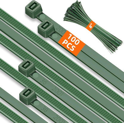 8 Inch PA66 Green Zip Ties, 100 Pcs 3.6mm Heavy Duty Plastic Wire Ties with 45 Lbs, Premium