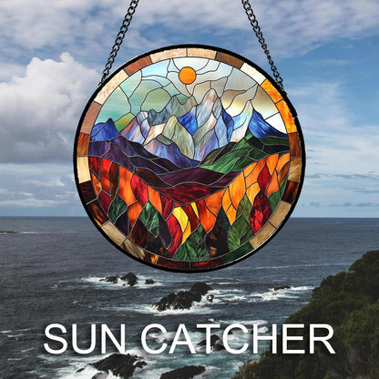 Stained Glass Window Hanging Orange Sun Colorful Mountains Landscape Large 11.8" - Suncatcher Door