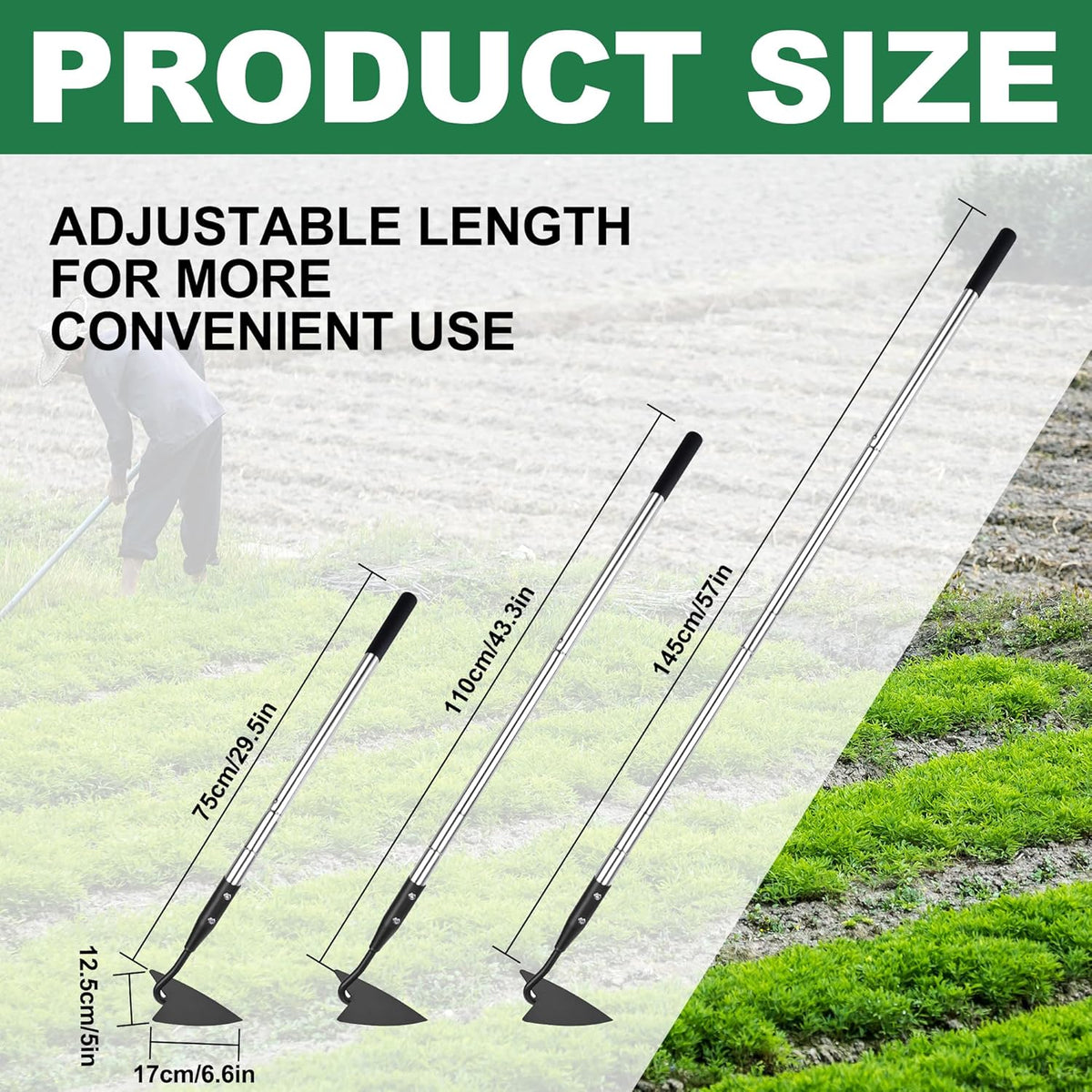 Warren Hoe, Carbon Steel Triangle Garden Hoe with Stainless Steel 57" Adjustable Long Handle, Heavy