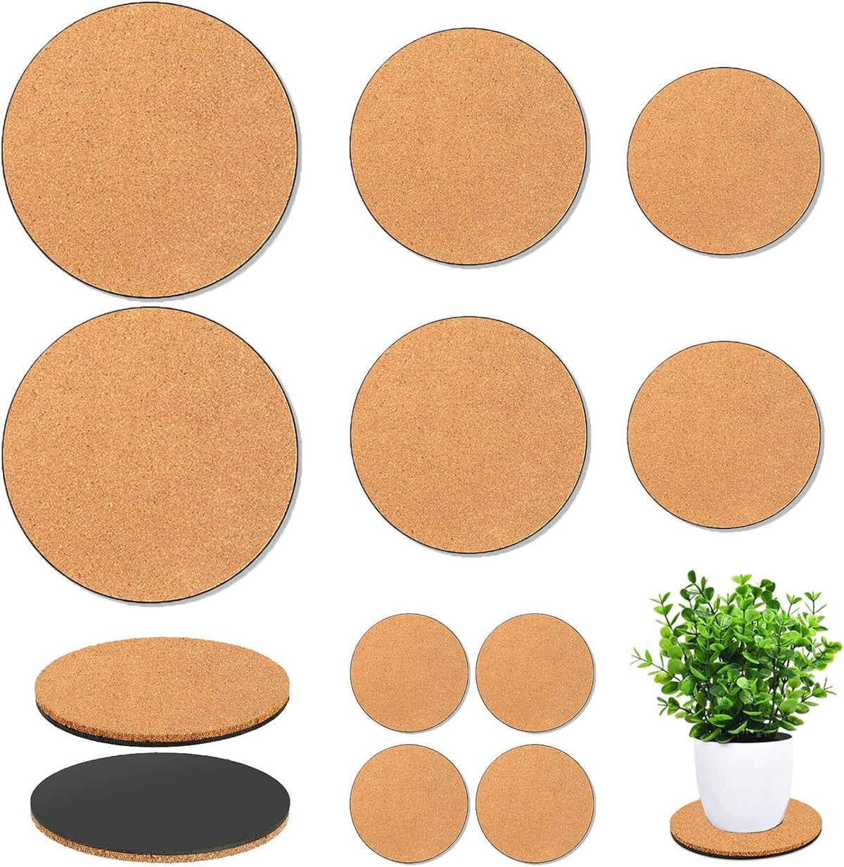 10 Pieces 4 Sizes Cork Plant Coasters, 4/6/8/10 Inch Cork Plant Mats, Plant Coasters for House