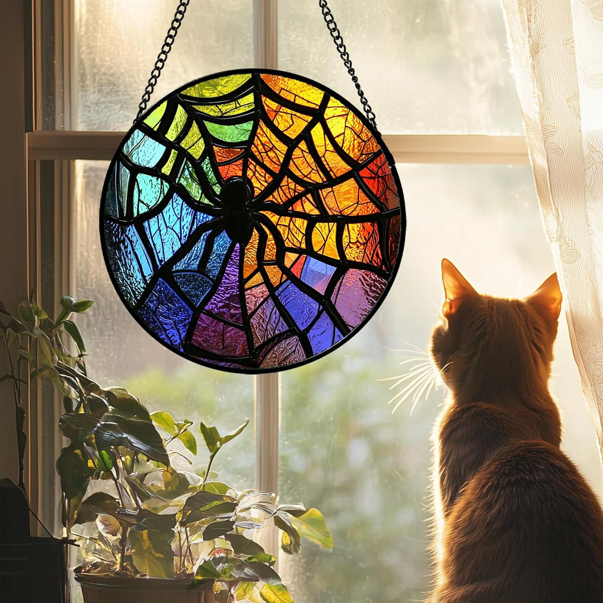 Stained Glass Suncatcher, Colorful Spider Sun Catcher Black Insect Stain Glass Window Hanging
