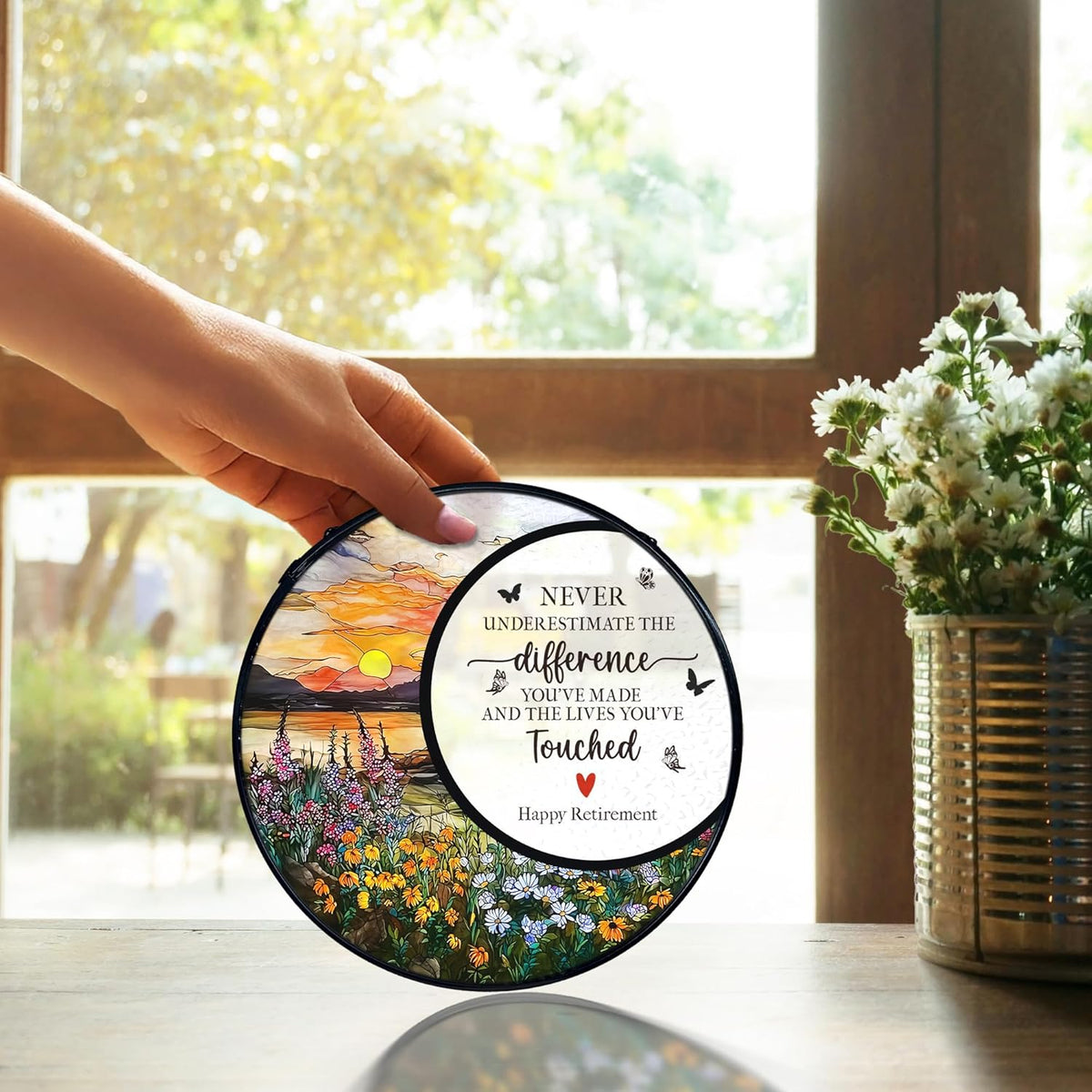 TNUW Retirement Gifts Flower Stained Glass Window Hanging, Difference Maker Gift Sun Catchers