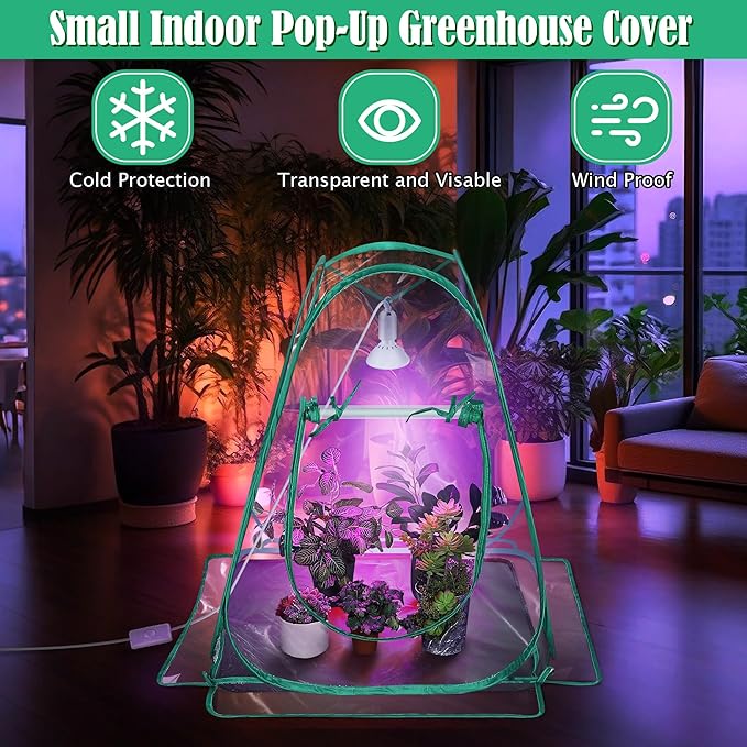 Meonum Mini Greenhouse with 10W 200 LED Grow Light Bulbs for Indoor, 27" x 27" x 30" Pop Up Small