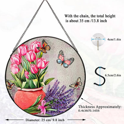 Stained Glass Window Hanging, 9.8'' Tulip Lavender Butterfly Sun Catcher Glass Panel for Window