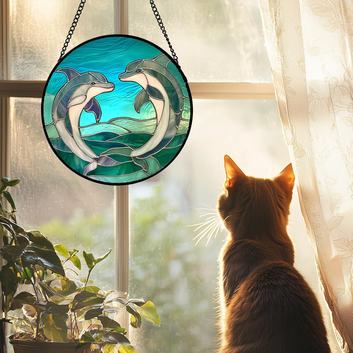 Stained Glass Window Hanging 4 Pcs Set Cyan Ocean Life Theme 7.8" - Sea Starfish Suncatcher Door