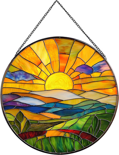Hanging Stained Glass for Windows,20cm/7.87inch Sunrise Stained Glass Suncatcher Garden Hangings