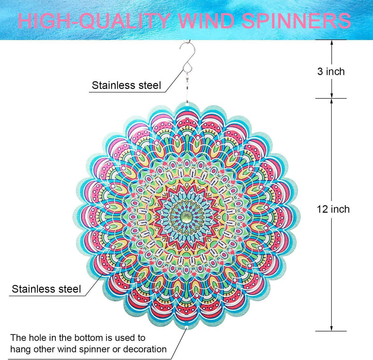 SPRING SONG Colorful Mandala Kinetic Wind Spinner for Yard and Garden Stainless Steel Spinner