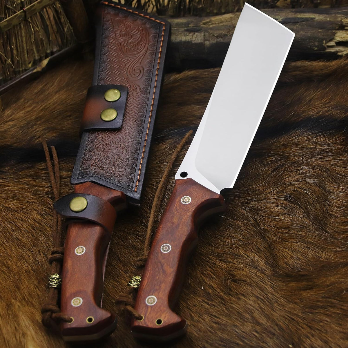 BA-KOR 14-inch full Tang 8mm thick DC53 steel-wood handle brass rivet reinforced one-piece knife +